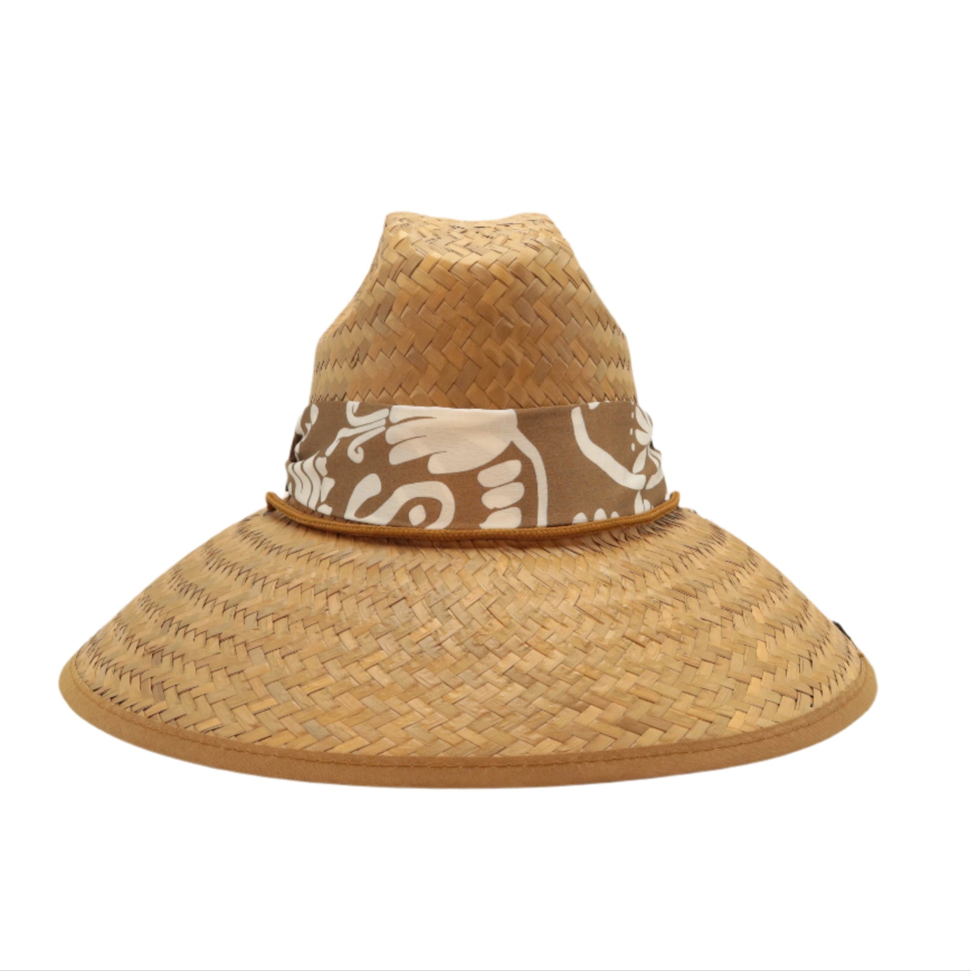 STRAW HAT - BROWN AND WHITE TROPICAL PRINT SCARF WITH LEATHER DETAIL