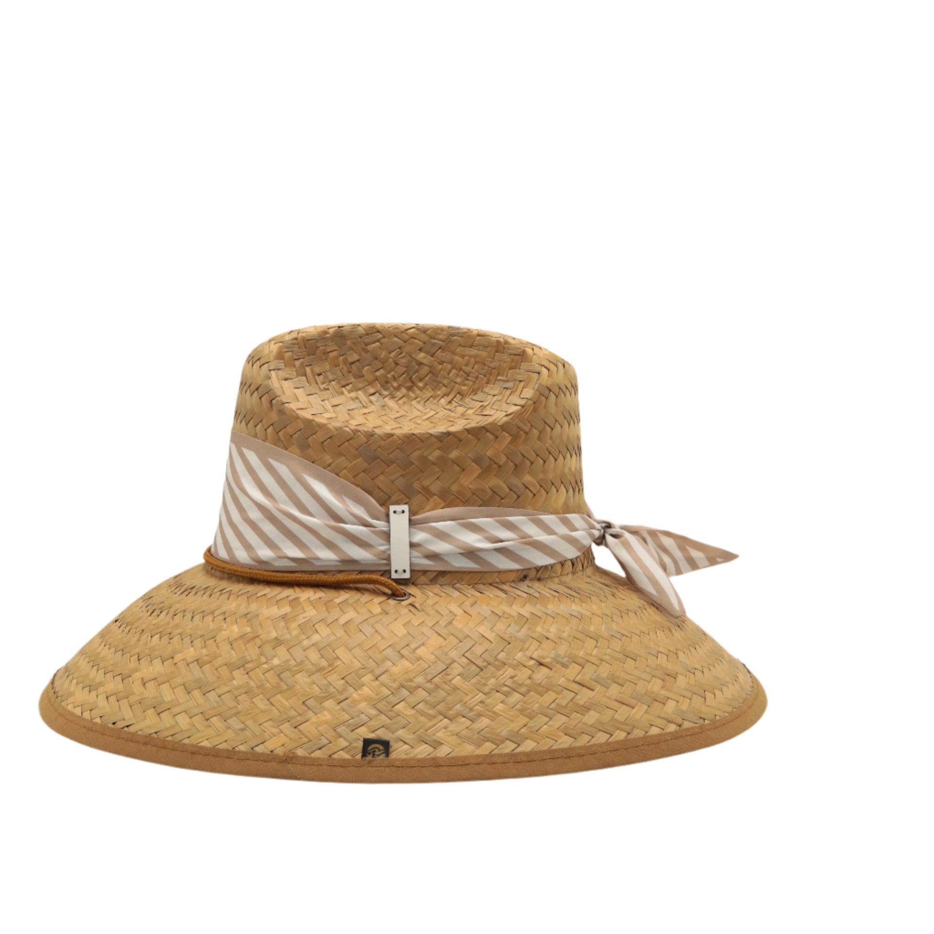 STRAW HAT - BEIGE AND WHITE STRIPE SCARF WITH LEATHER DETAIL