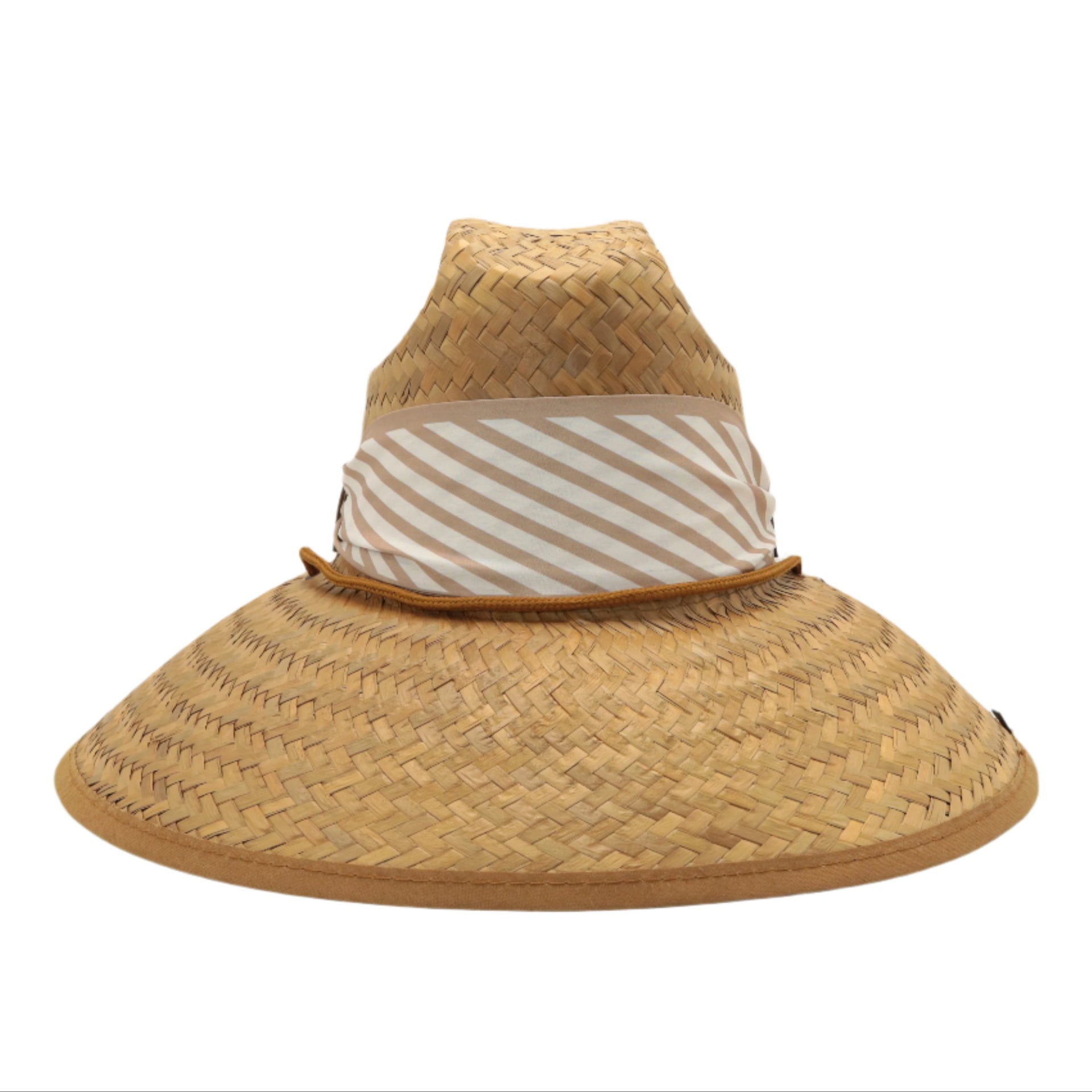 STRAW HAT - BEIGE AND WHITE STRIPE SCARF WITH LEATHER DETAIL