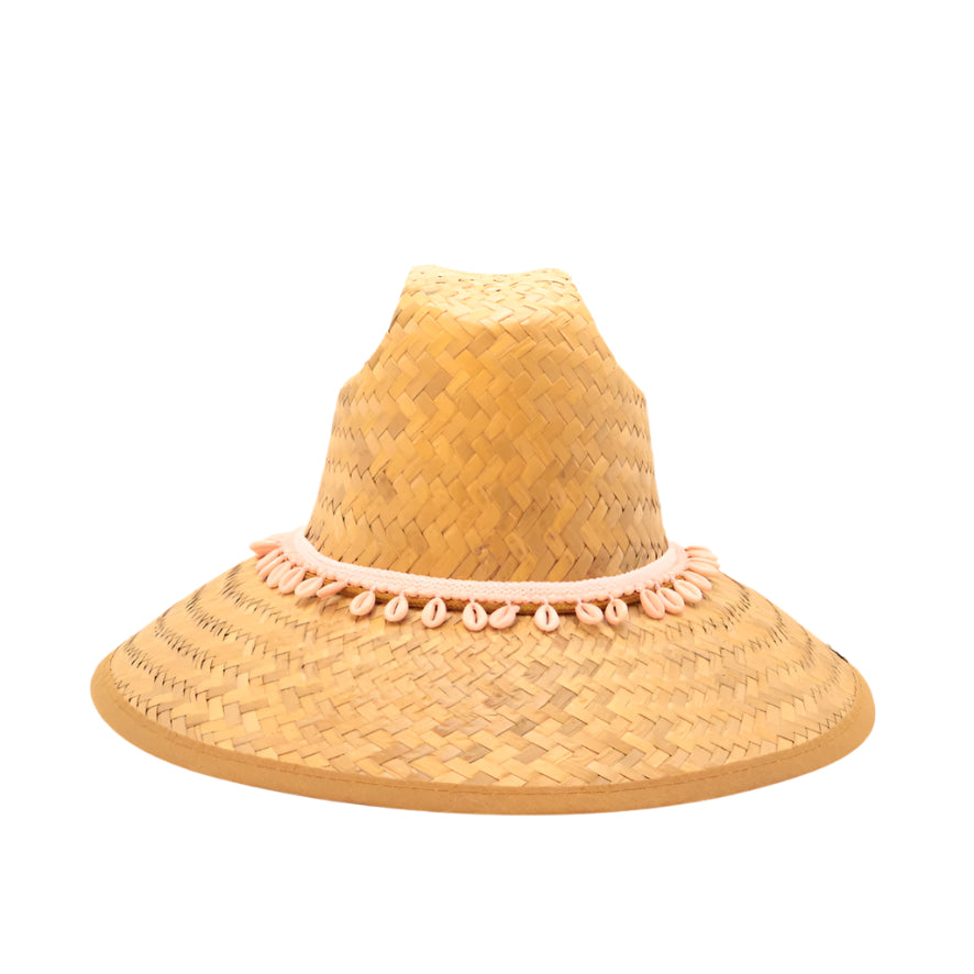 STRAW HAT -  PINK COWRIE SHELL TRIM