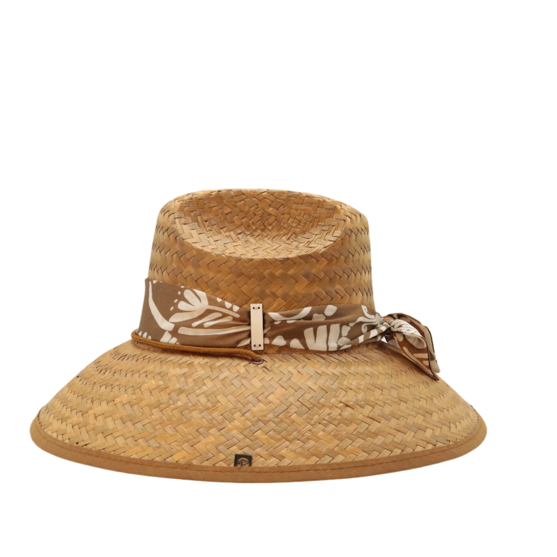 STRAW HAT - BROWN AND WHITE TROPICAL PRINT SCARF WITH LEATHER DETAIL