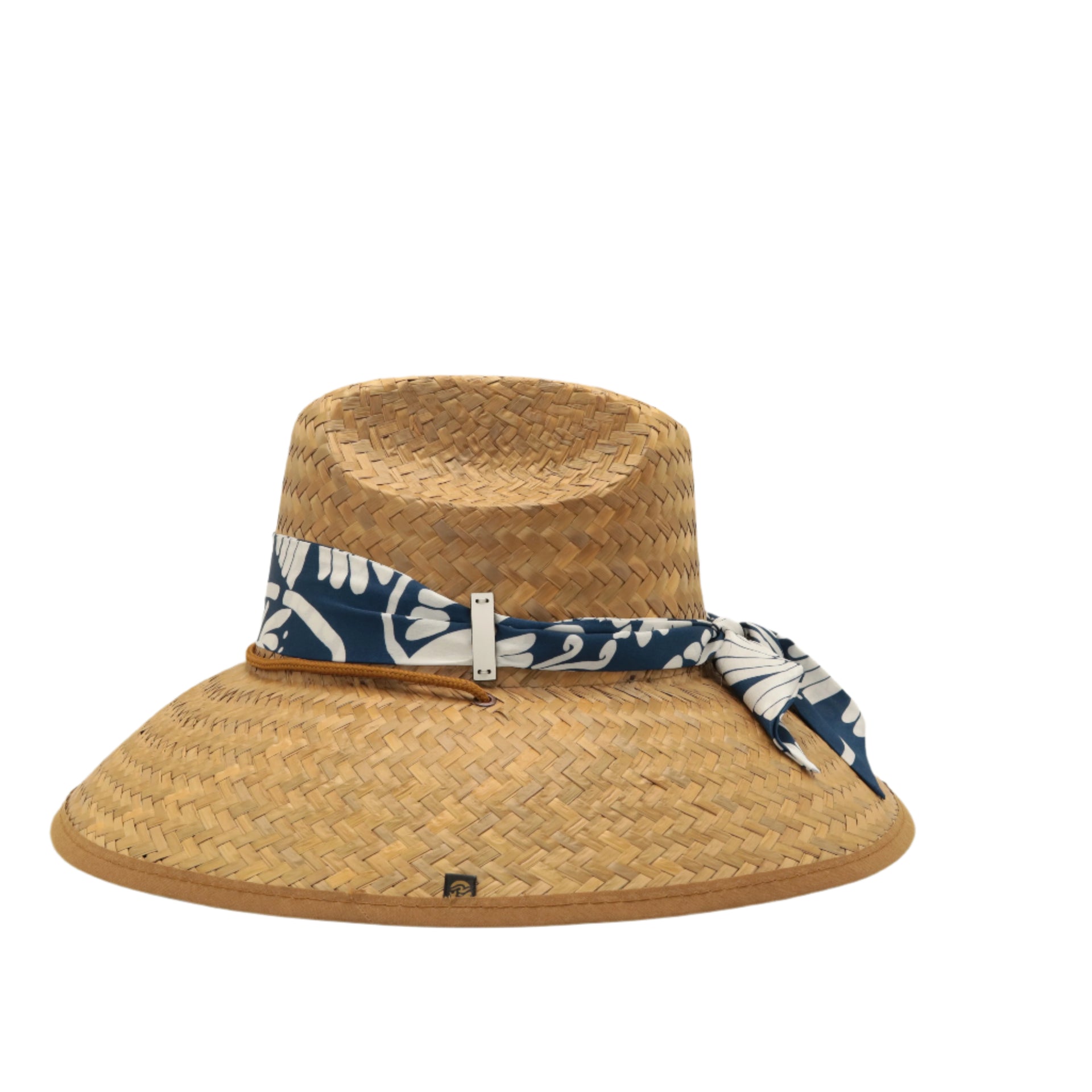 STRAW HAT - NAVY AND WHITE TROPICAL PRINT SCARF WITH LEATHER DETAIL