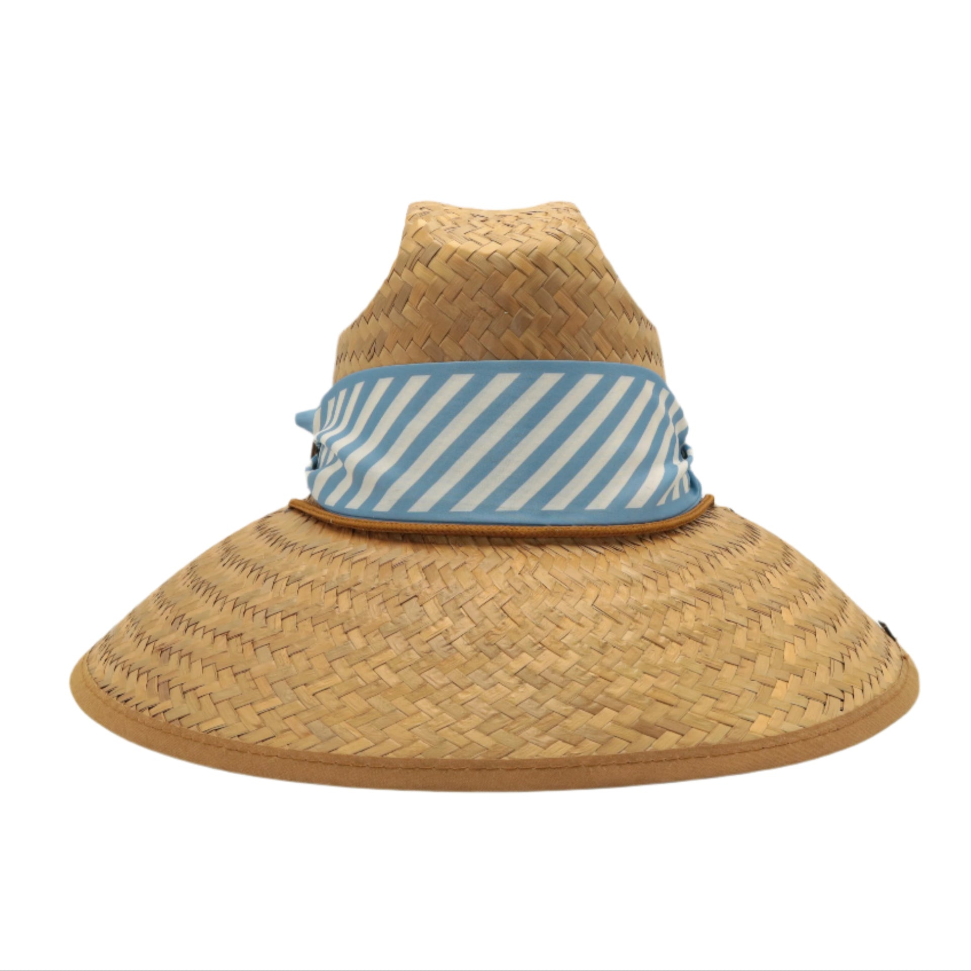 STRAW HAT - LT. BLUE AND WHITE STRIPE SCARF WITH LEATHER DETAIL