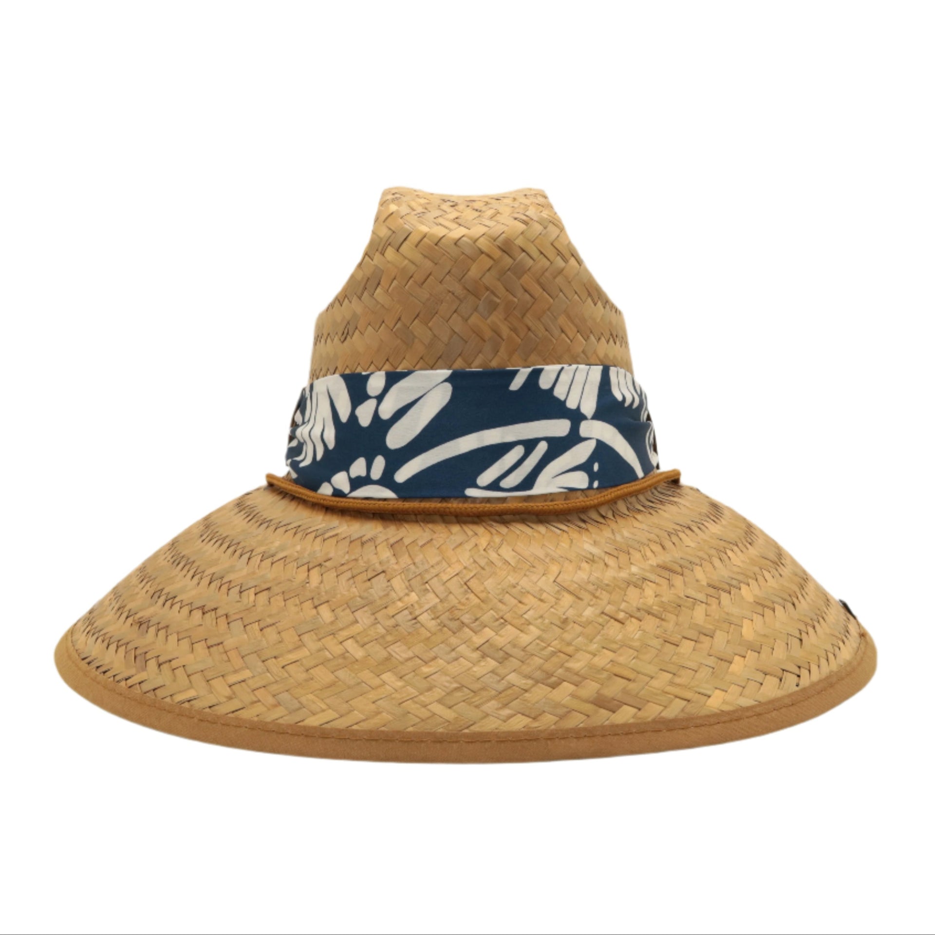 STRAW HAT - NAVY AND WHITE TROPICAL PRINT SCARF WITH LEATHER DETAIL