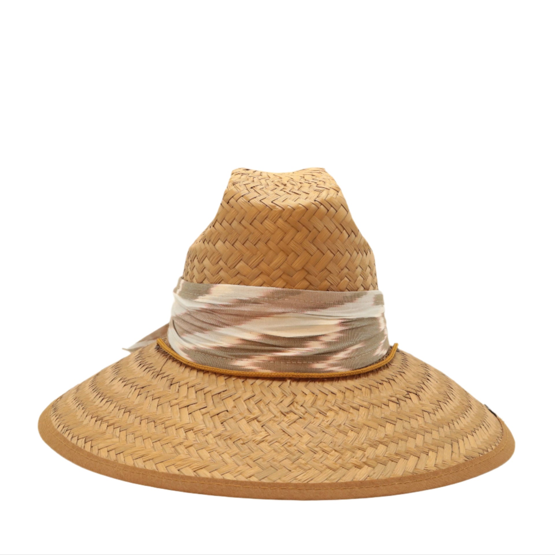 STRAW  HAT - IKAT SCARF - LT.BLUE, BROWN AND IVORY MULTI PRINT