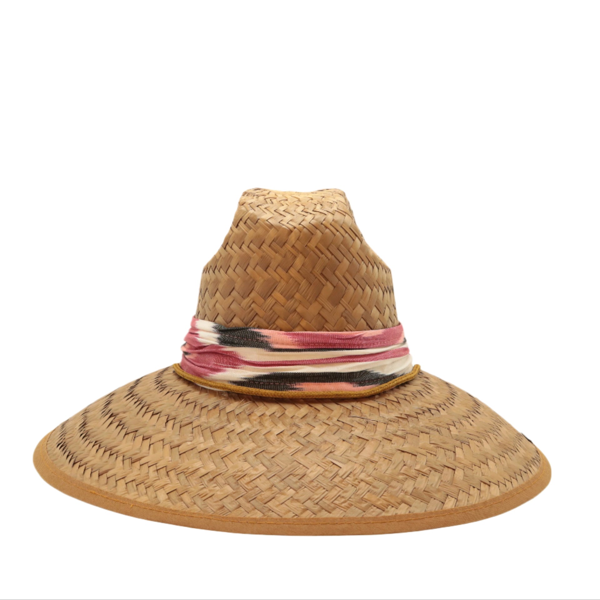 STRAW HAT - IKAT SCARF - RED. BLACK AND IVORY MULTI PRINT