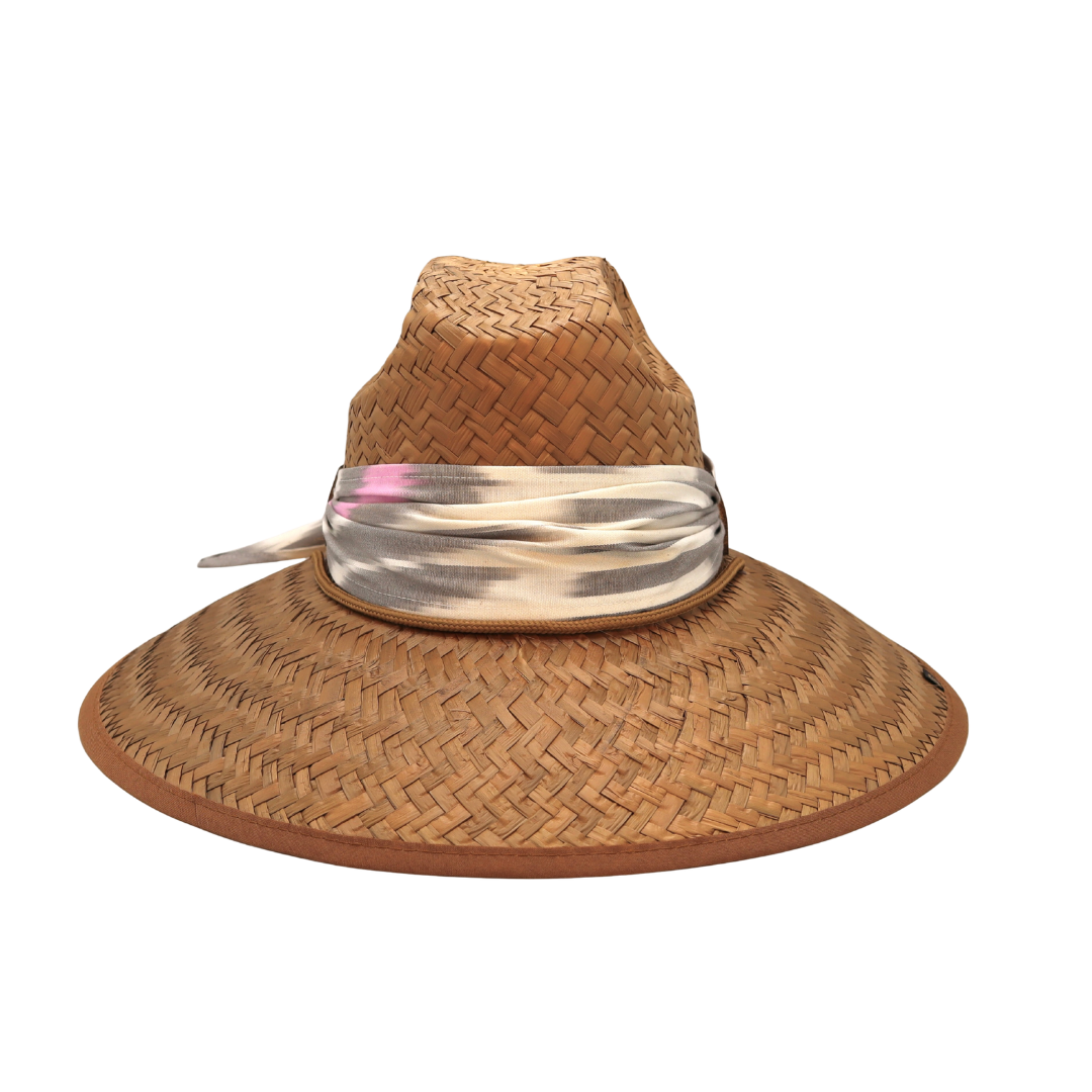 STRAW HAT - IKAT SCARF - PINK, GREY AND IVORY MULTI PRINT