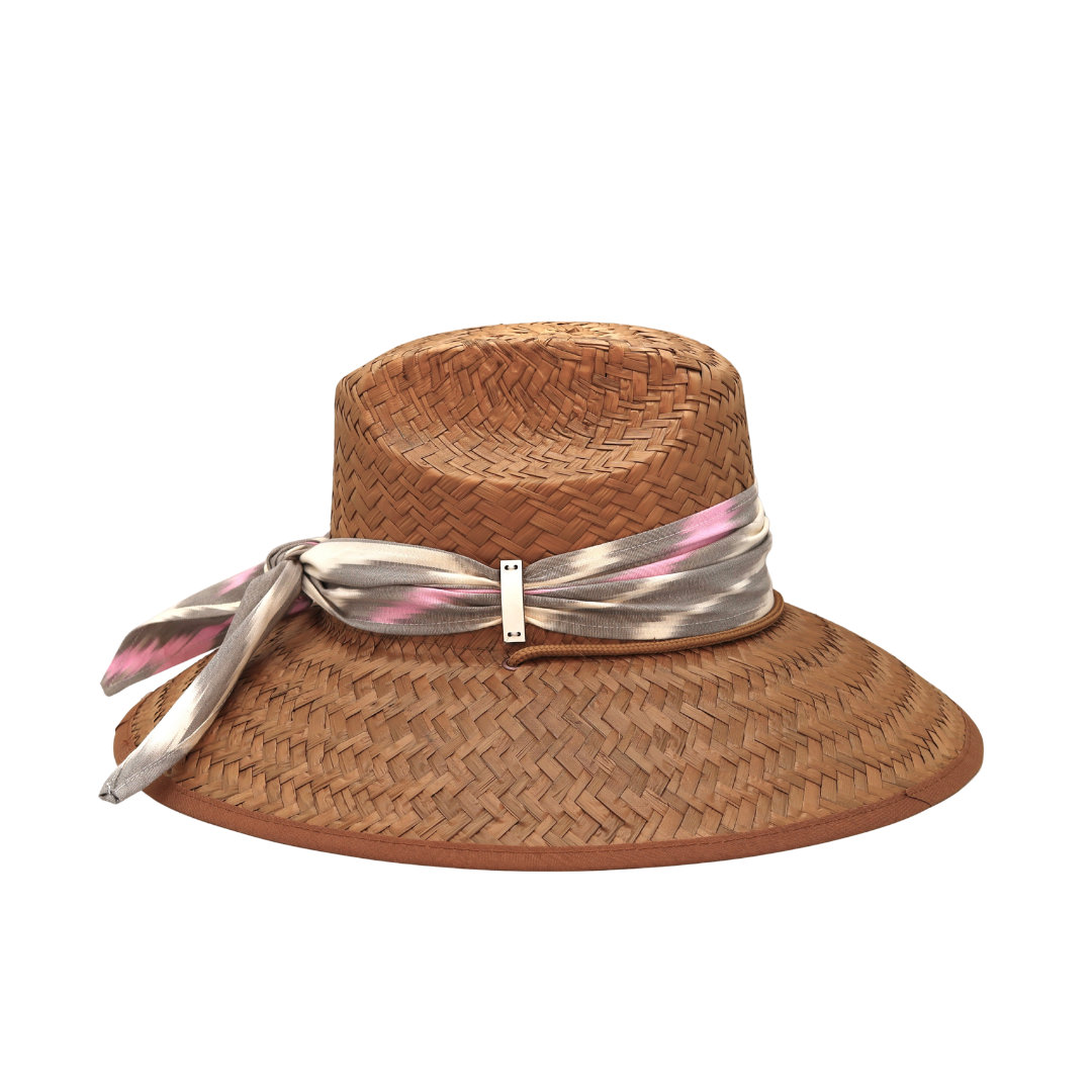 STRAW HAT - IKAT SCARF - PINK, GREY AND IVORY MULTI PRINT