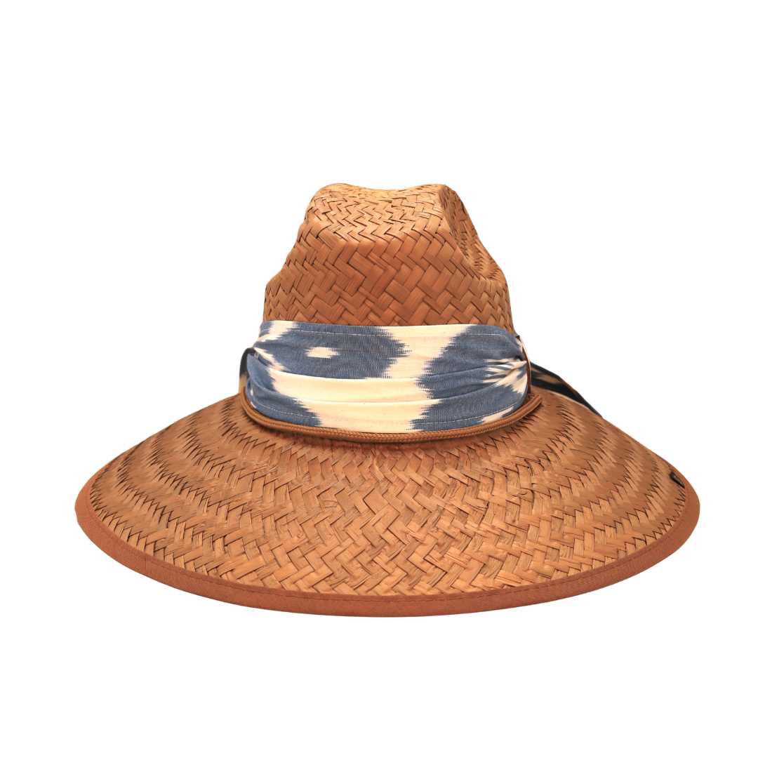 STRAW HAT - IKAT SCARF - BLUE AND IVORY MULTI PRINT