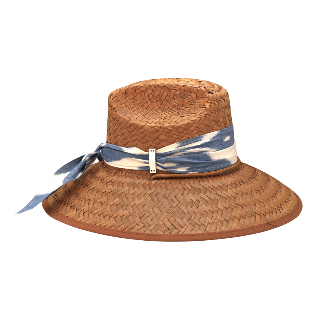 STRAW HAT - IKAT SCARF - BLUE AND IVORY MULTI PRINT