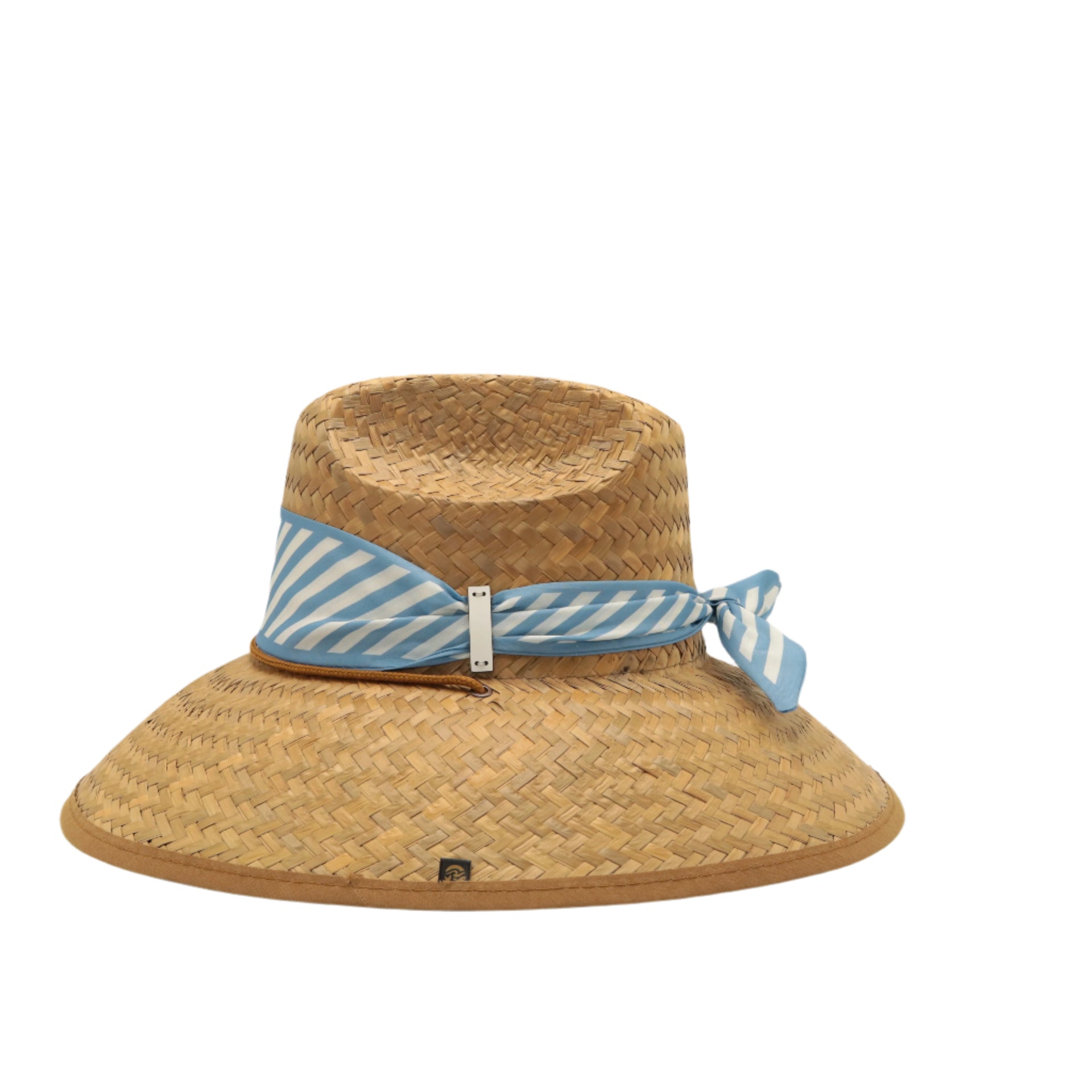 STRAW HAT - LT. BLUE AND WHITE STRIPE SCARF WITH LEATHER DETAIL