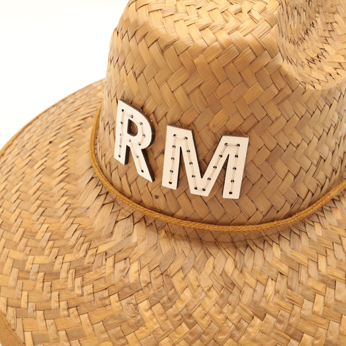 CUSTOM MONOGRAM LEATHER STRAW HATS - WHITE (CHOOSE 1-8 LETTERS)