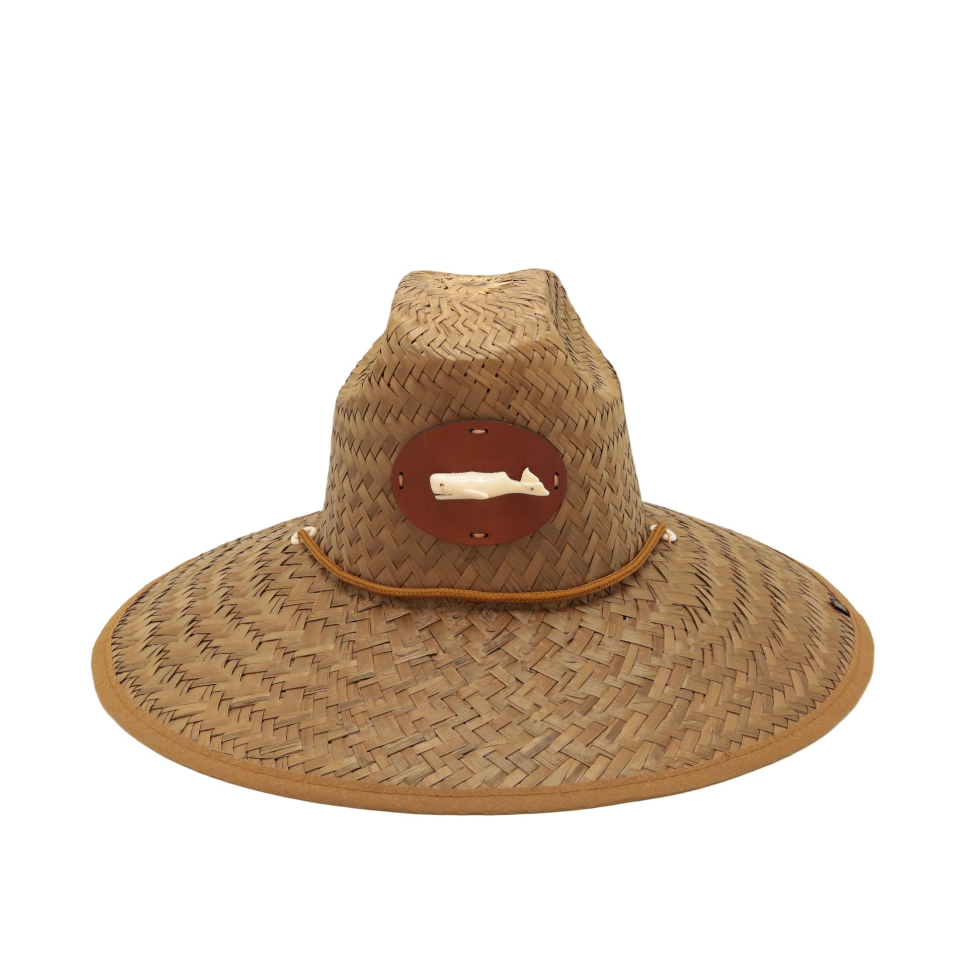 STRAW HAT - LEATHER PATCH WITH WHALE - BRIDLE LEATHER *LIMITED EDITION