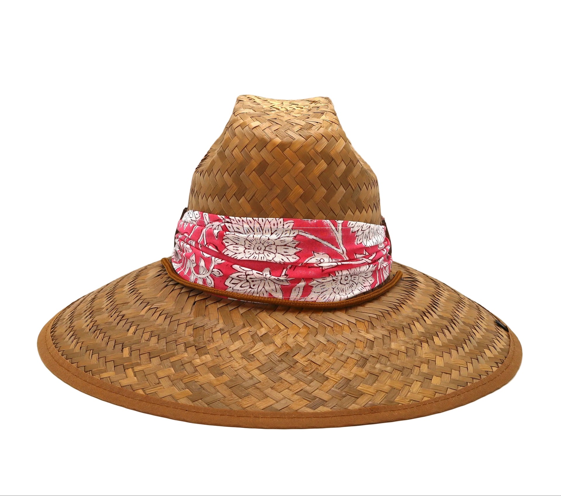 STRAW HAT - PINK FLOWER PRINT SCARF WITH LEATHER DETAIL
