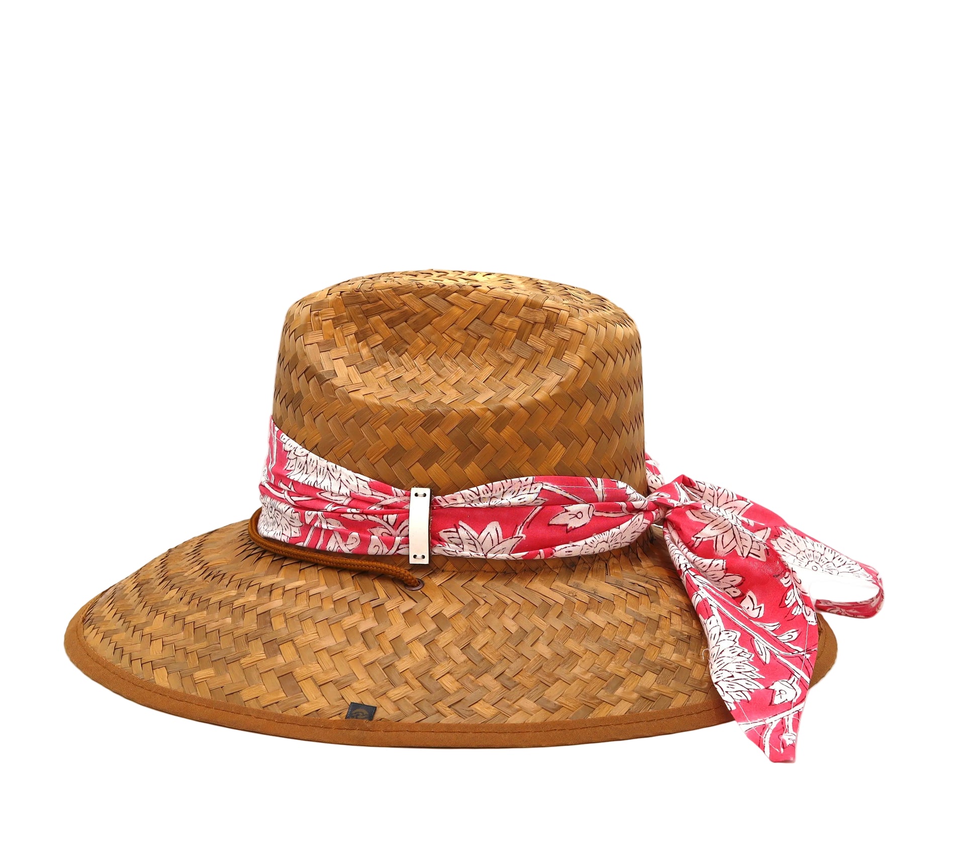 STRAW HAT - PINK FLOWER PRINT SCARF WITH LEATHER DETAIL