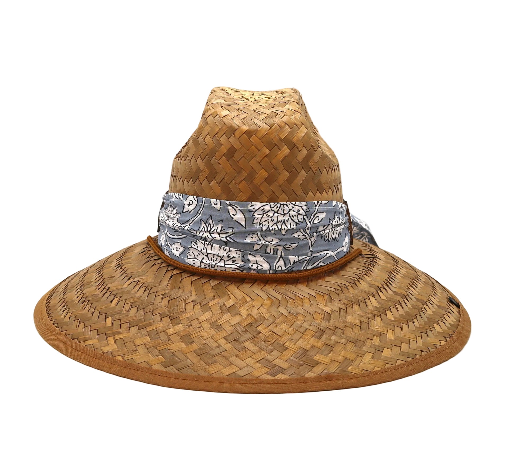 STRAW HAT - BLUE AND WHITE FLOWER SCARF WITH LEATHER DETAIL