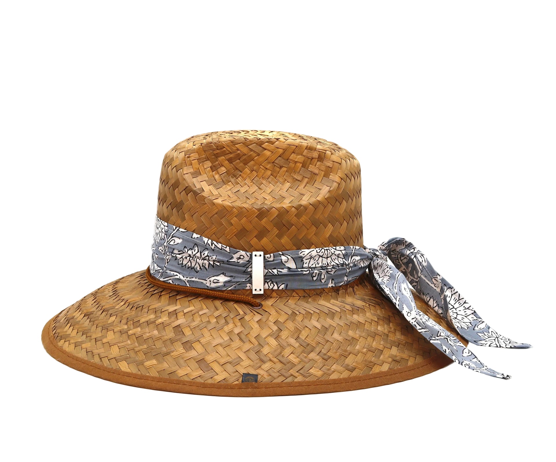 STRAW HAT - BLUE AND WHITE FLOWER SCARF WITH LEATHER DETAIL